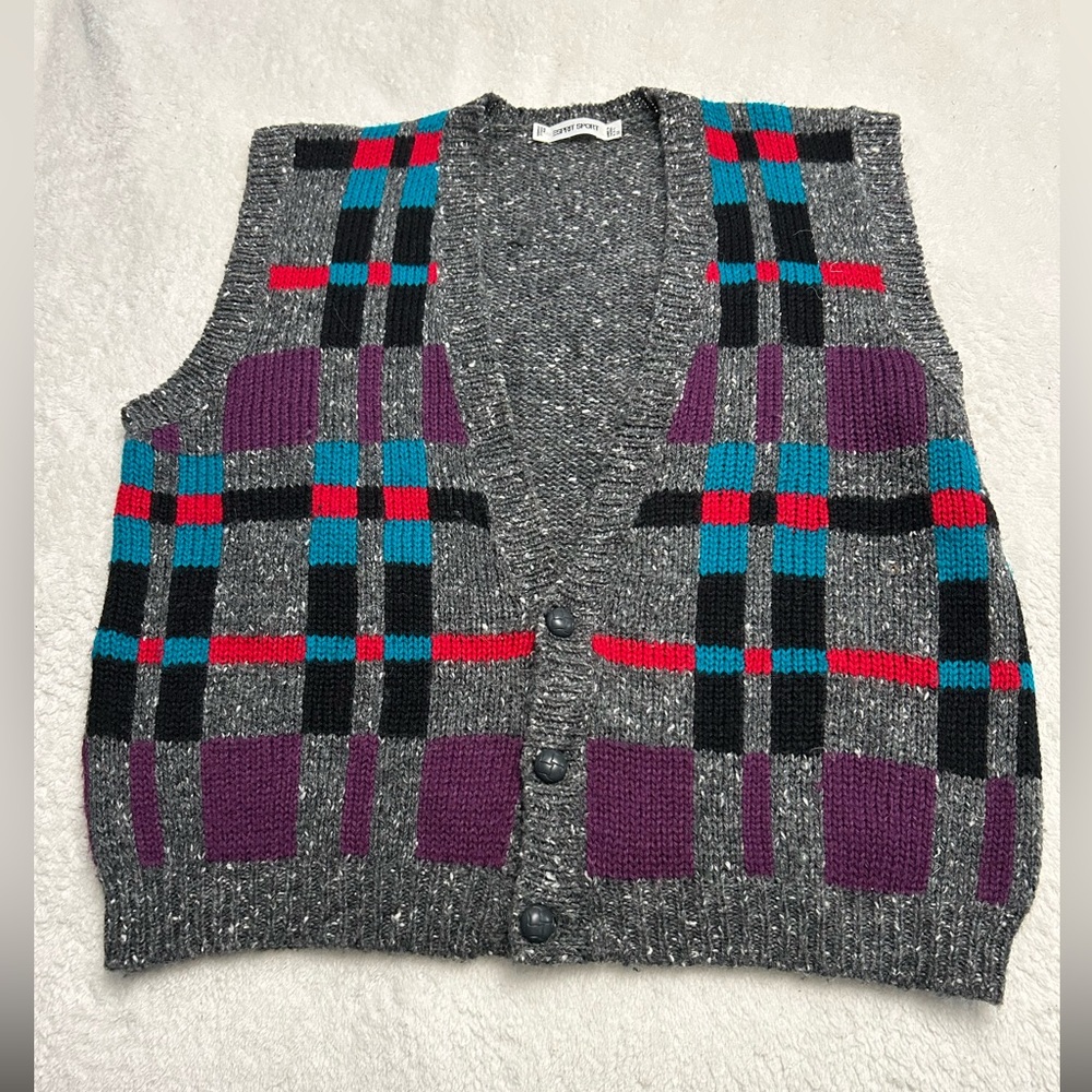 Esprit Sport Vintage Knit Multi colored button up, wool-blend Vest, M